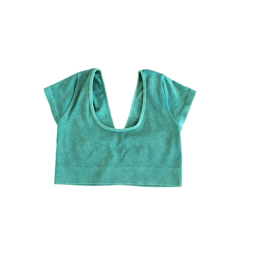 Aerie Ribbed Seamless Green Crop Top Short Sleeve O-Ring Back Cutout Size L NWT